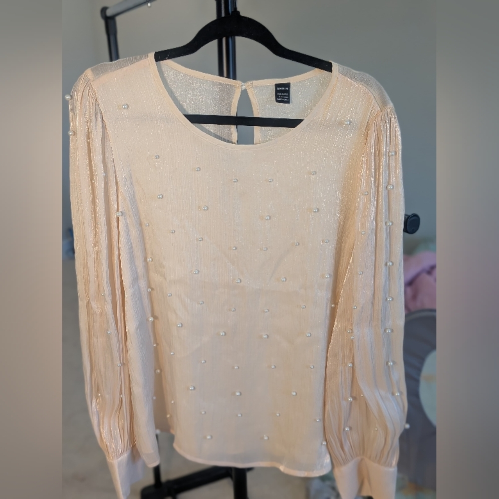Women's Elegant Pearl Embellished Metalic Jacquard Blouse